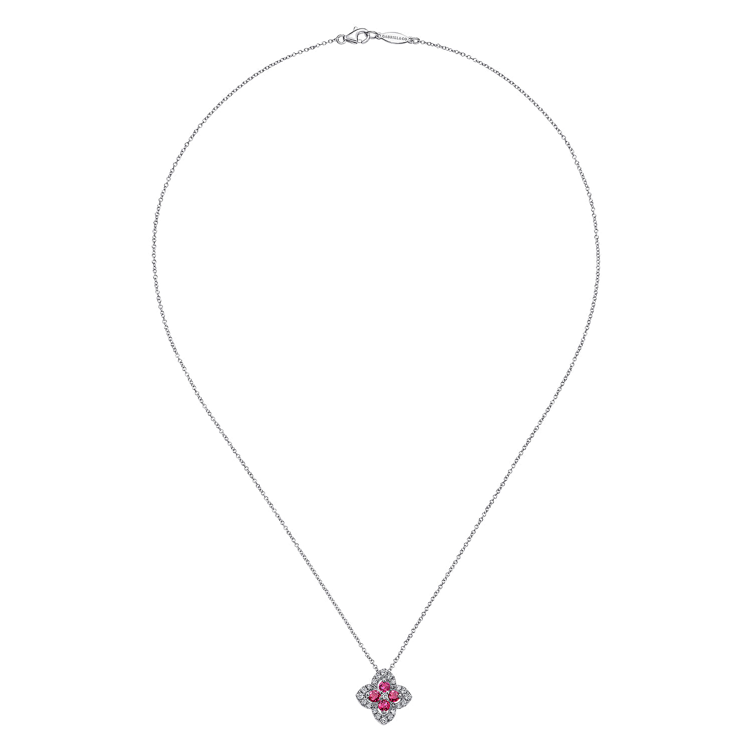 14K White Gold Ruby and Diamond Clover Pendant Necklace
