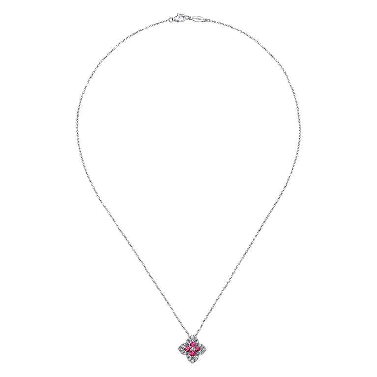 14K White Gold Ruby and Diamond Clover Pendant Necklace - 0.09 ct - Shot 2
