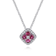 14K White Gold Ruby and Diamond Halo Floral Pendant Necklace