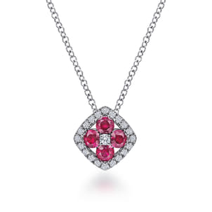 14K White Gold Ruby and Diamond Halo Floral Pendant Necklace