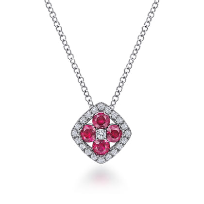 14K White Gold Ruby and Diamond Halo Floral Pendant Necklace