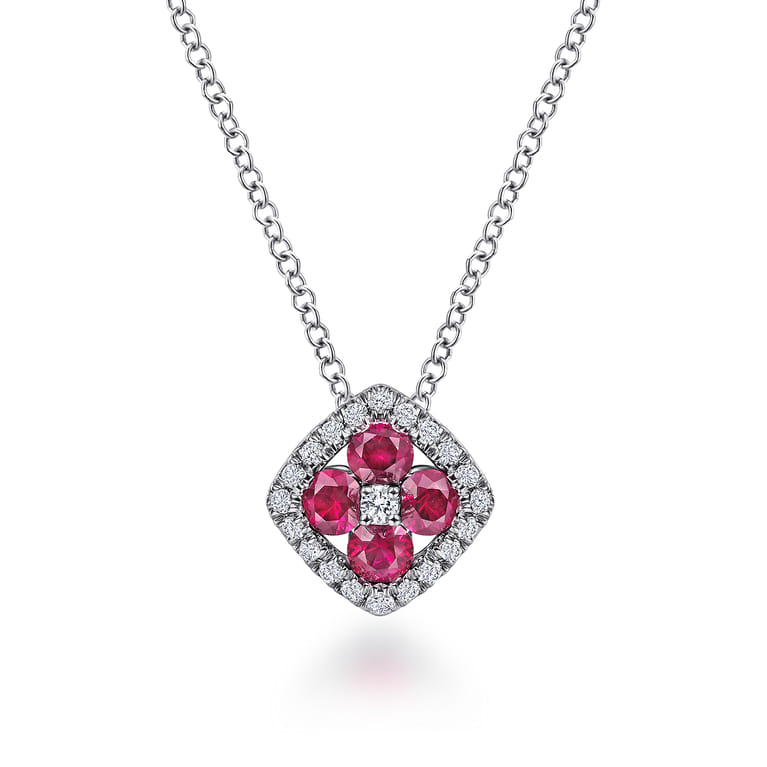 14K White Gold Ruby and Diamond Halo Floral Pendant Necklace - 0.14 ct - Shot 1