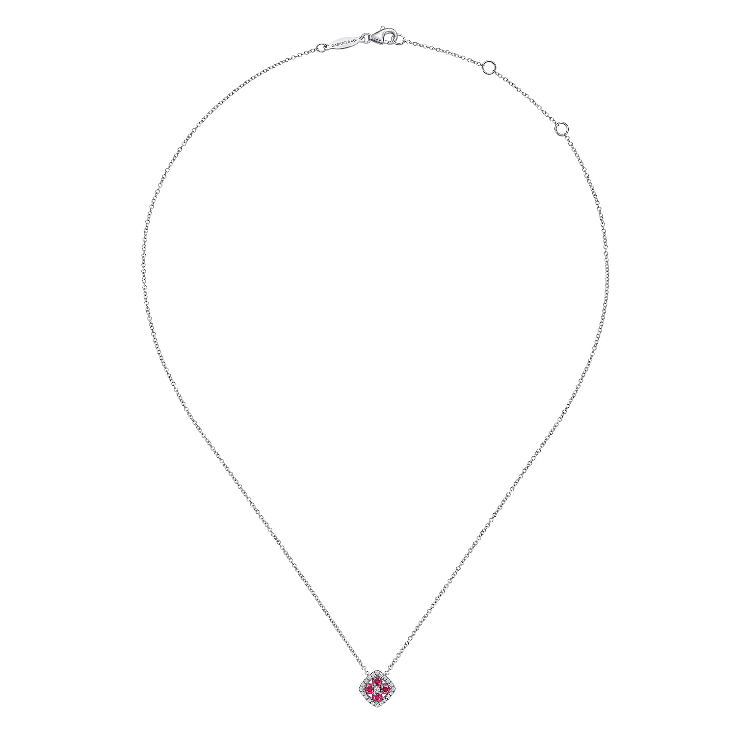 14K White Gold Ruby and Diamond Halo Floral Pendant Necklace