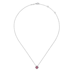 14K White Gold Ruby and Diamond Halo Floral Pendant Necklace
