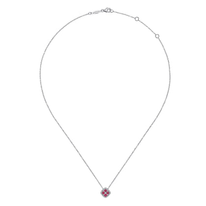 14K White Gold Ruby and Diamond Halo Floral Pendant Necklace
