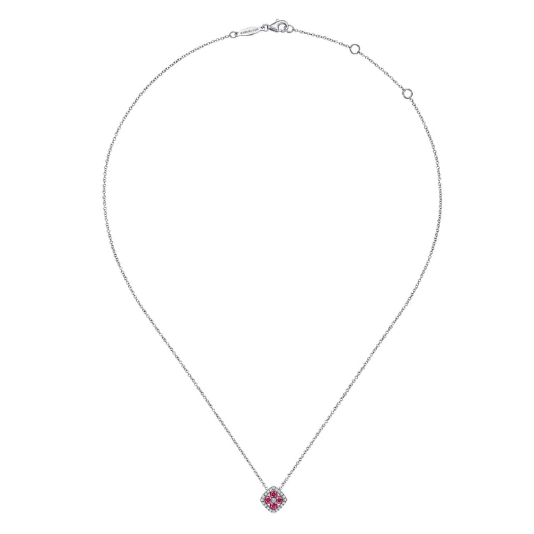 14K White Gold Ruby and Diamond Halo Floral Pendant Necklace - 0.14 ct - Shot 2
