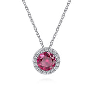 14K White Gold Ruby and Diamond Halo Pendant Necklace