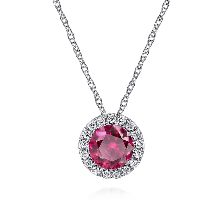 14K White Gold Ruby and Diamond Halo Pendant Necklace - 0.06 ct - Shot 1