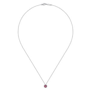 14K White Gold Ruby and Diamond Halo Pendant Necklace