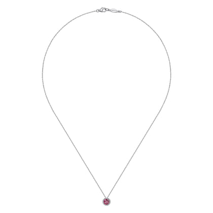 14K White Gold Ruby and Diamond Halo Pendant Necklace