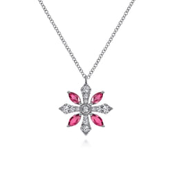 14K White Gold Ruby and Diamond Snowflake Pendant Necklace