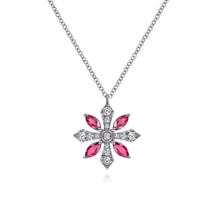 14K White Gold Ruby and Diamond Snowflake Pendant Necklace