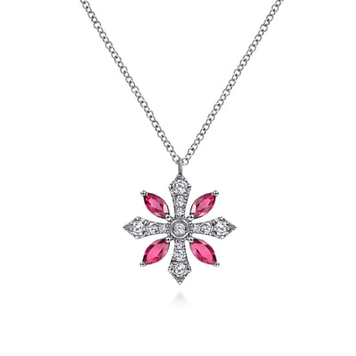 14K White Gold Ruby and Diamond Snowflake Pendant Necklace