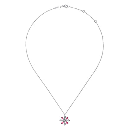 14K White Gold Ruby and Diamond Snowflake Pendant Necklace