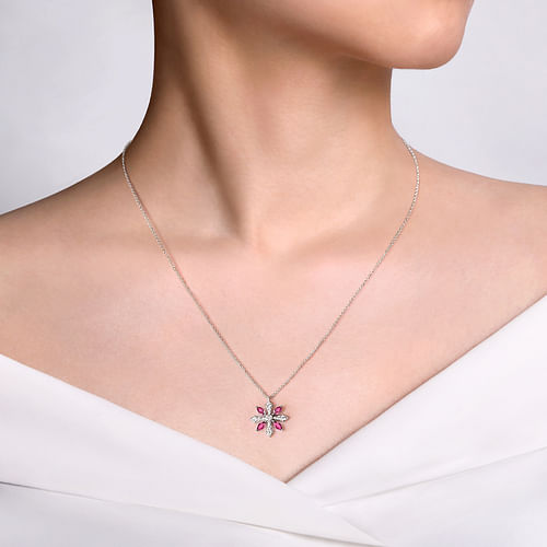 14K White Gold Ruby and Diamond Snowflake Pendant Necklace - 0.26 ct - Shot 3
