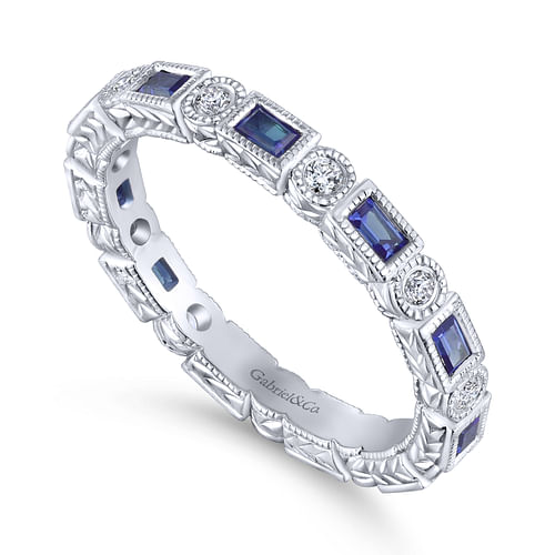 14K White Gold Sapphire Baguette and Diamond Round Eternity Ring - Shot 3