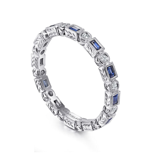 14K White Gold Sapphire Baguette and Diamond Round Eternity Ring - Shot 3