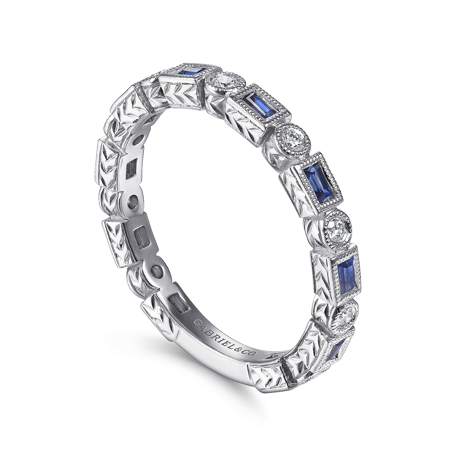 14K White Gold Sapphire Baguette and Diamond Round Stackable Ring - 0.14 ct - Shot 3