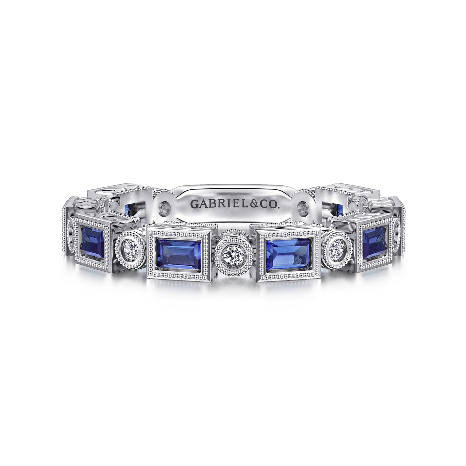 14K White Gold Sapphire Baguette and Diamond Round Stackable Ring - 0.14 ct - Shot 1
