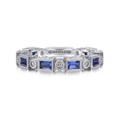 14K White Gold Sapphire Baguette and Diamond Round Stackable Ring