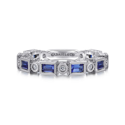 14K White Gold Sapphire Baguette and Diamond Round Stackable Ring