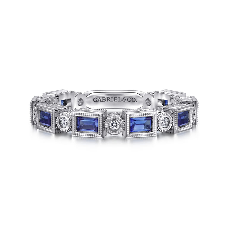 14K White Gold Sapphire Baguette and Diamond Round Stackable Ring - 0.14 ct - Shot 1