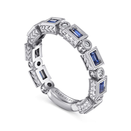 14K White Gold Sapphire Baguette and Diamond Round Stackable Ring