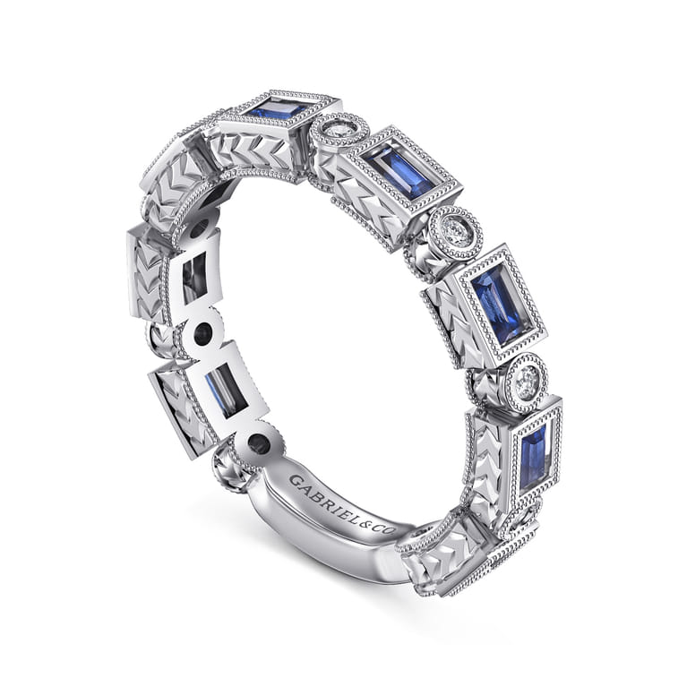 14K White Gold Sapphire Baguette and Diamond Round Stackable Ring - 0.14 ct - Shot 3