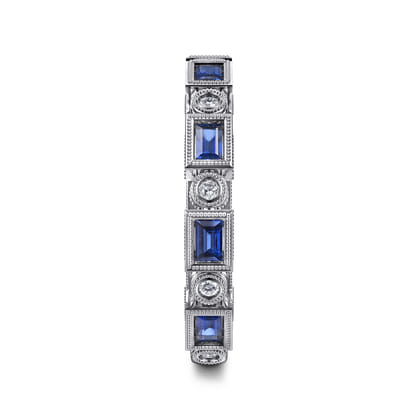 14K White Gold Sapphire Baguette and Diamond Round Stackable Ring
