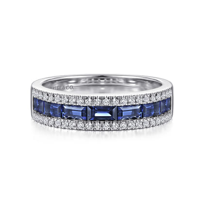 14K White Gold Sapphire Baguette and Diamond Row Band