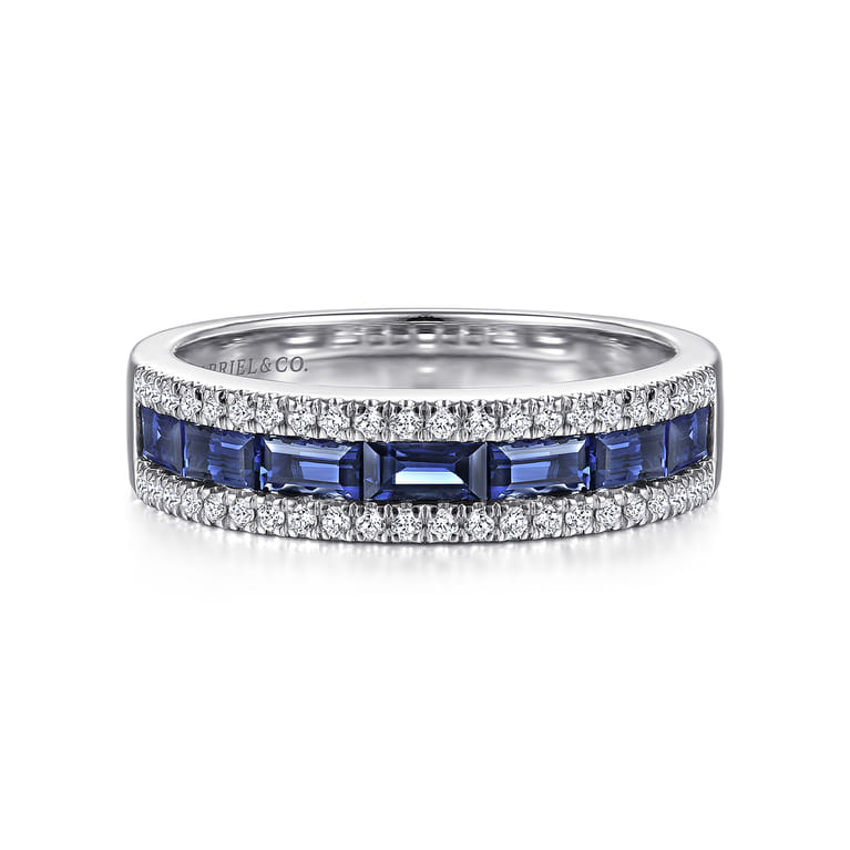 14K White Gold Sapphire Baguette and Diamond Row Band - 0.22 ct - Shot 1
