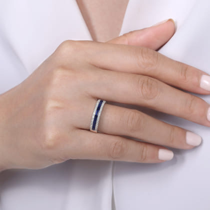 14K White Gold Sapphire Baguette and Diamond Row Band