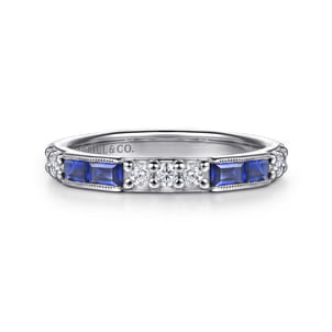 14K White Gold Sapphire Baguette and Diamond Stackable Ring