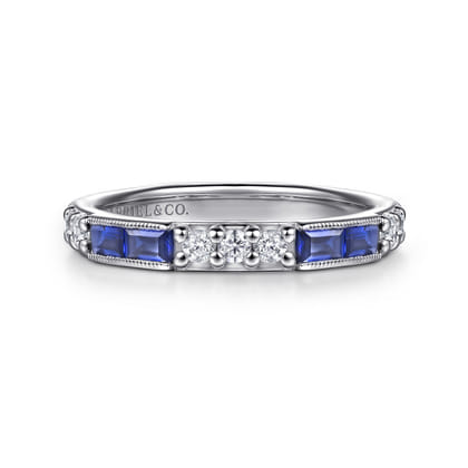 14K White Gold Sapphire Baguette and Diamond Stackable Ring