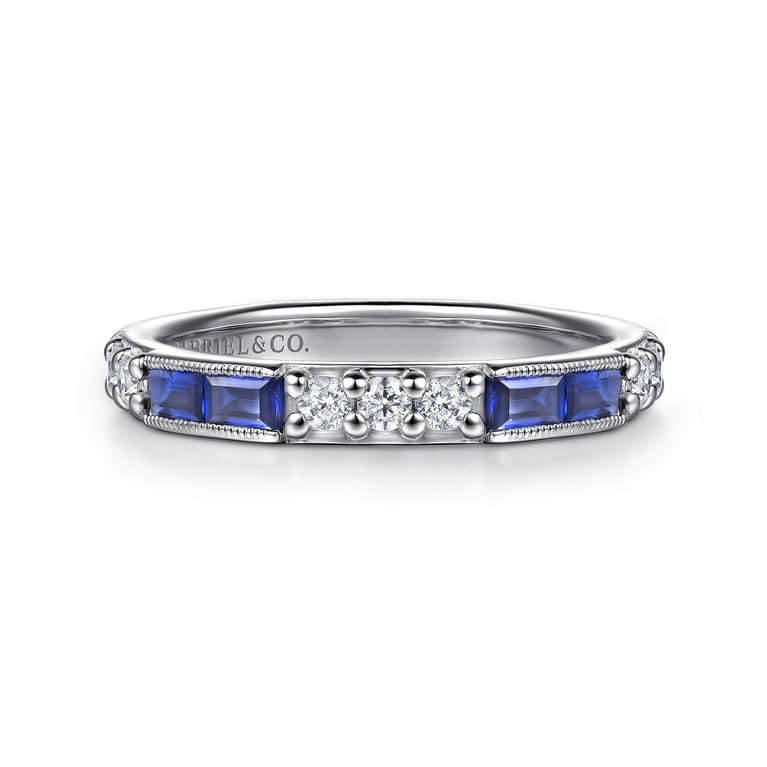 14K White Gold Sapphire Baguette and Diamond Stackable Ring - 0.21 ct - Shot 1