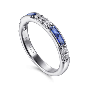 14K White Gold Sapphire Baguette and Diamond Stackable Ring