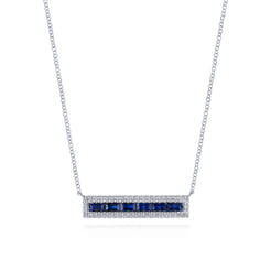 14K White Gold Sapphire Baguettes and Diamond Halo Rectangular Bar Necklace