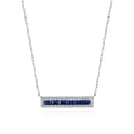 14K White Gold Sapphire Baguettes and Diamond Halo Rectangular Bar Necklace