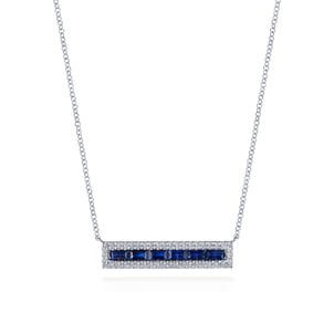 14K White Gold Sapphire Baguettes and Diamond Halo Rectangular Bar Necklace