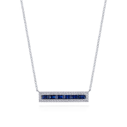 14K White Gold Sapphire Baguettes and Diamond Halo Rectangular Bar Necklace