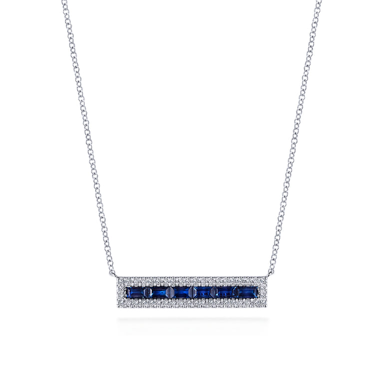 14K White Gold Sapphire Baguettes and Diamond Halo Rectangular Bar Necklace - 0.22 ct - Shot 1