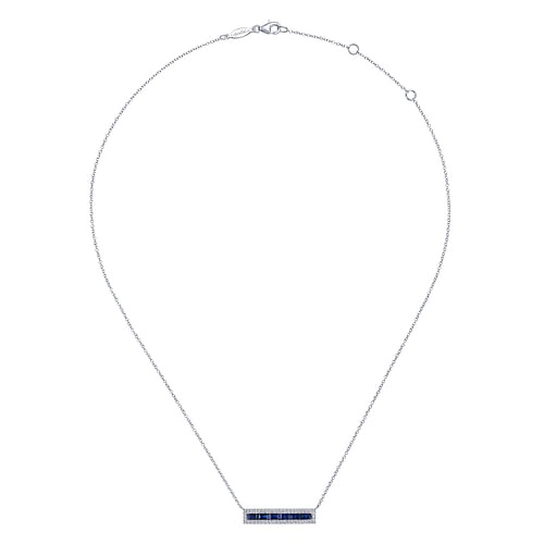 14K White Gold Sapphire Baguettes and Diamond Halo Rectangular Bar Necklace - 0.22 ct - Shot 2