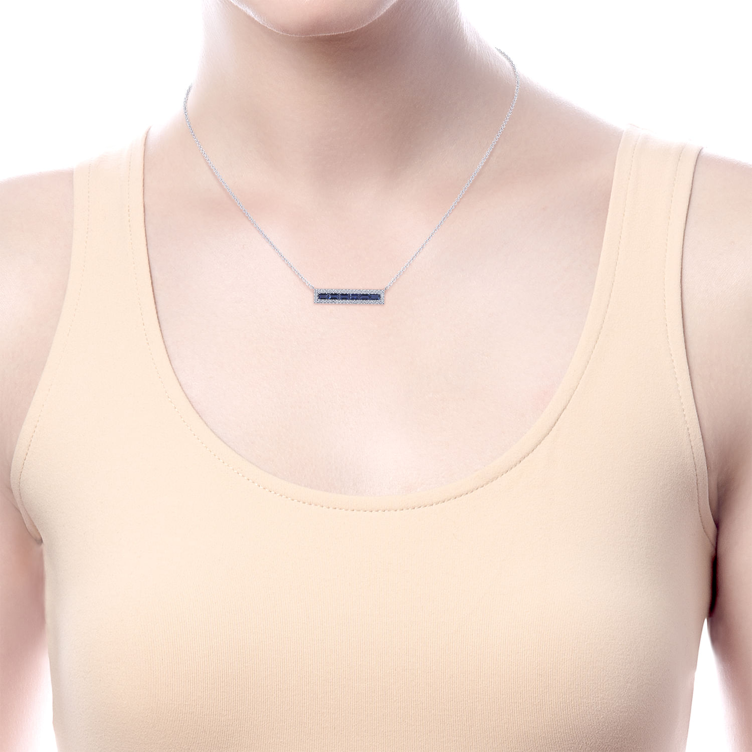 14K White Gold Sapphire Baguettes and Diamond Halo Rectangular Bar Necklace