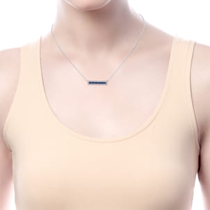 14K White Gold Sapphire Baguettes and Diamond Halo Rectangular Bar Necklace