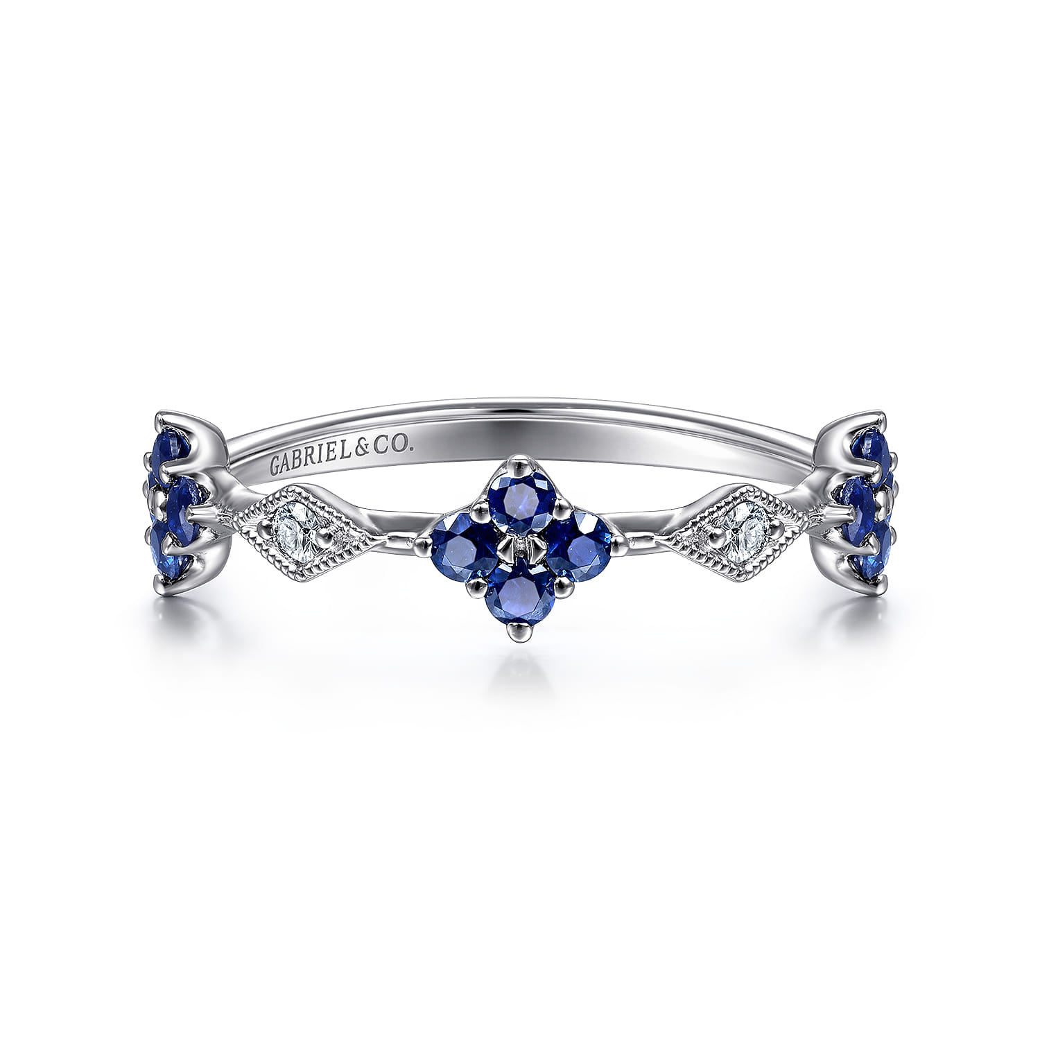 14K White Gold Sapphire Clover and Diamond Station Ring - 0.04 ct - Shot 1