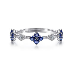 14K White Gold Sapphire Clover and Diamond Station Ring