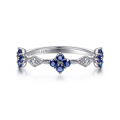 14K White Gold Sapphire Clover and Diamond Station Ring