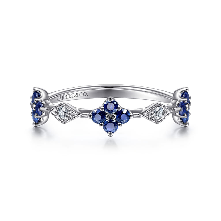14K White Gold Sapphire Clover and Diamond Station Ring - 0.04 ct - Shot 1