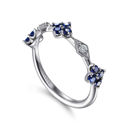 14K White Gold Sapphire Clover and Diamond Station Ring