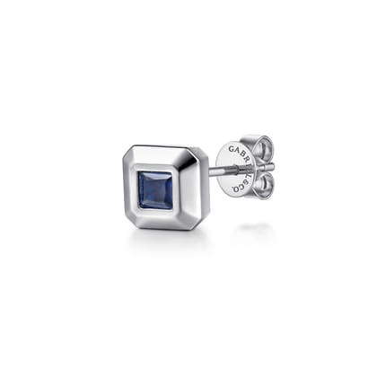 14K White Gold Sapphire Mens Angular Cuts Single Stud Earring